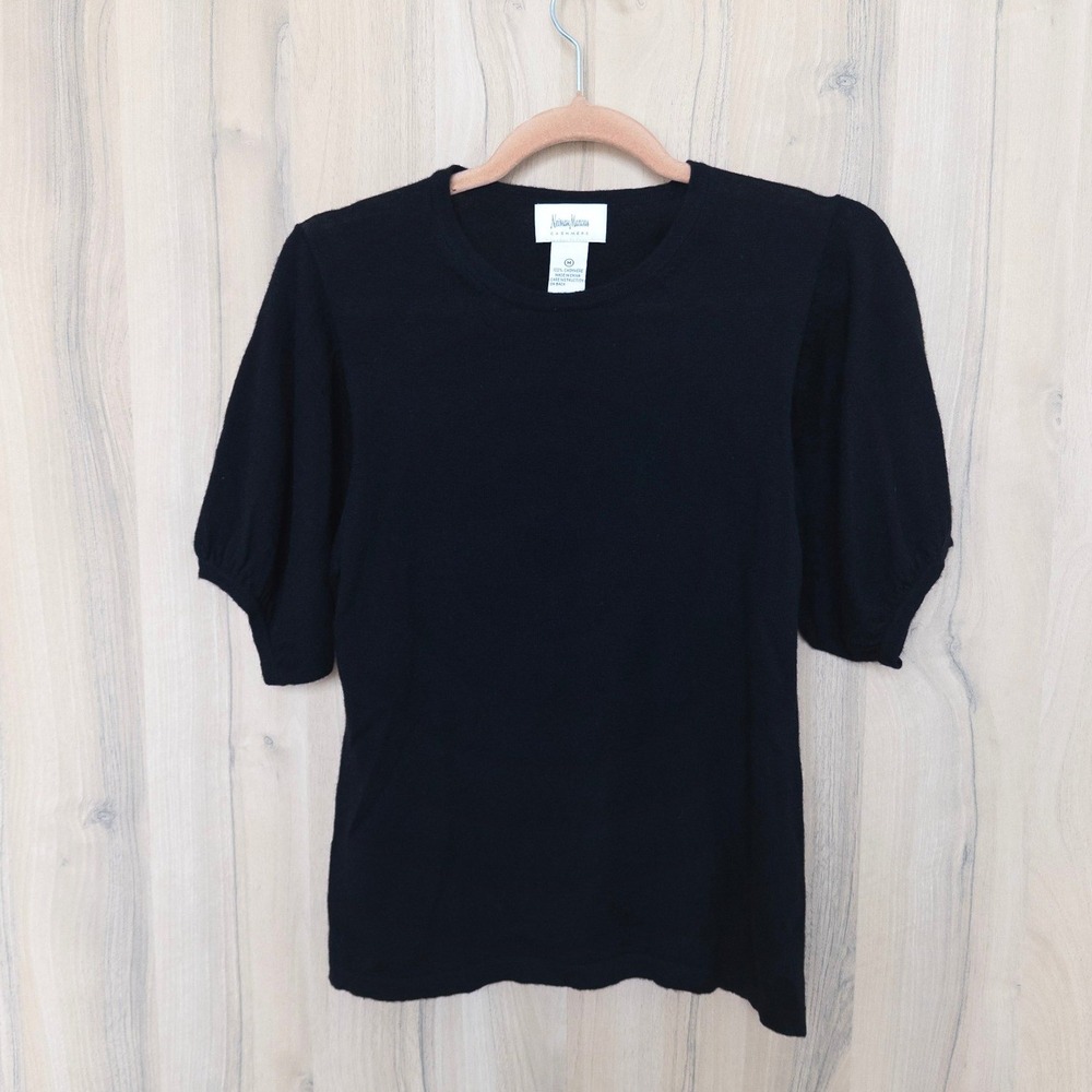 Vintage Neiman Marcus Cashmere Sweater M Black Puff Short Sleeve Quiet Luxury